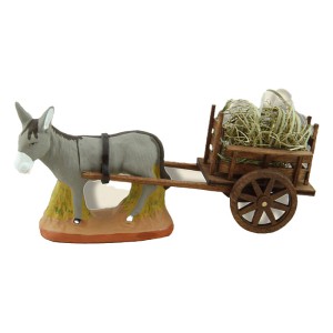 image: Donkey standing on grass and Wood Cart of harness